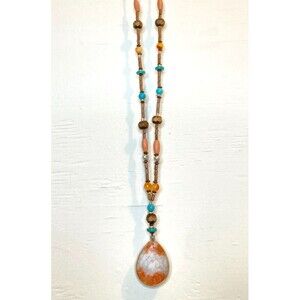 Boho Beaded Orange and White Teardrop Stone Pendant Corded Necklace 27" NWOT